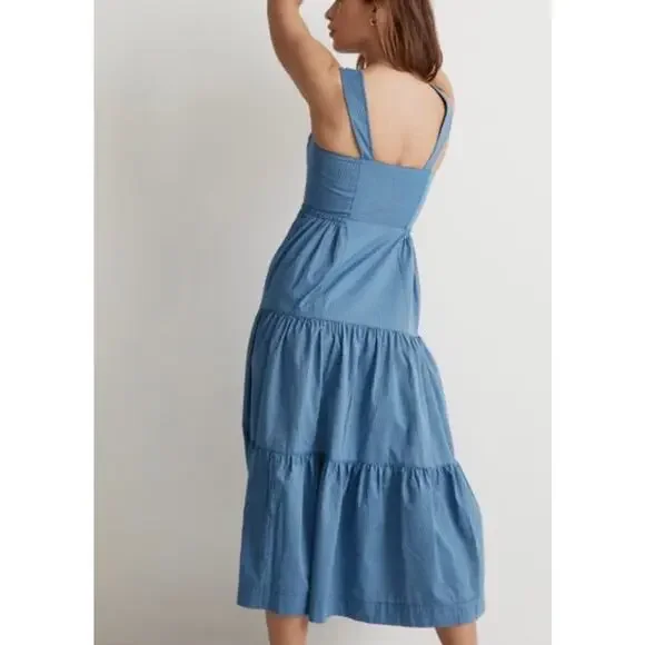 Madewell Tiered Button Front Midi Dress Blue Stripe Cotton 4P Petite Cottage - Picture 2 of 14